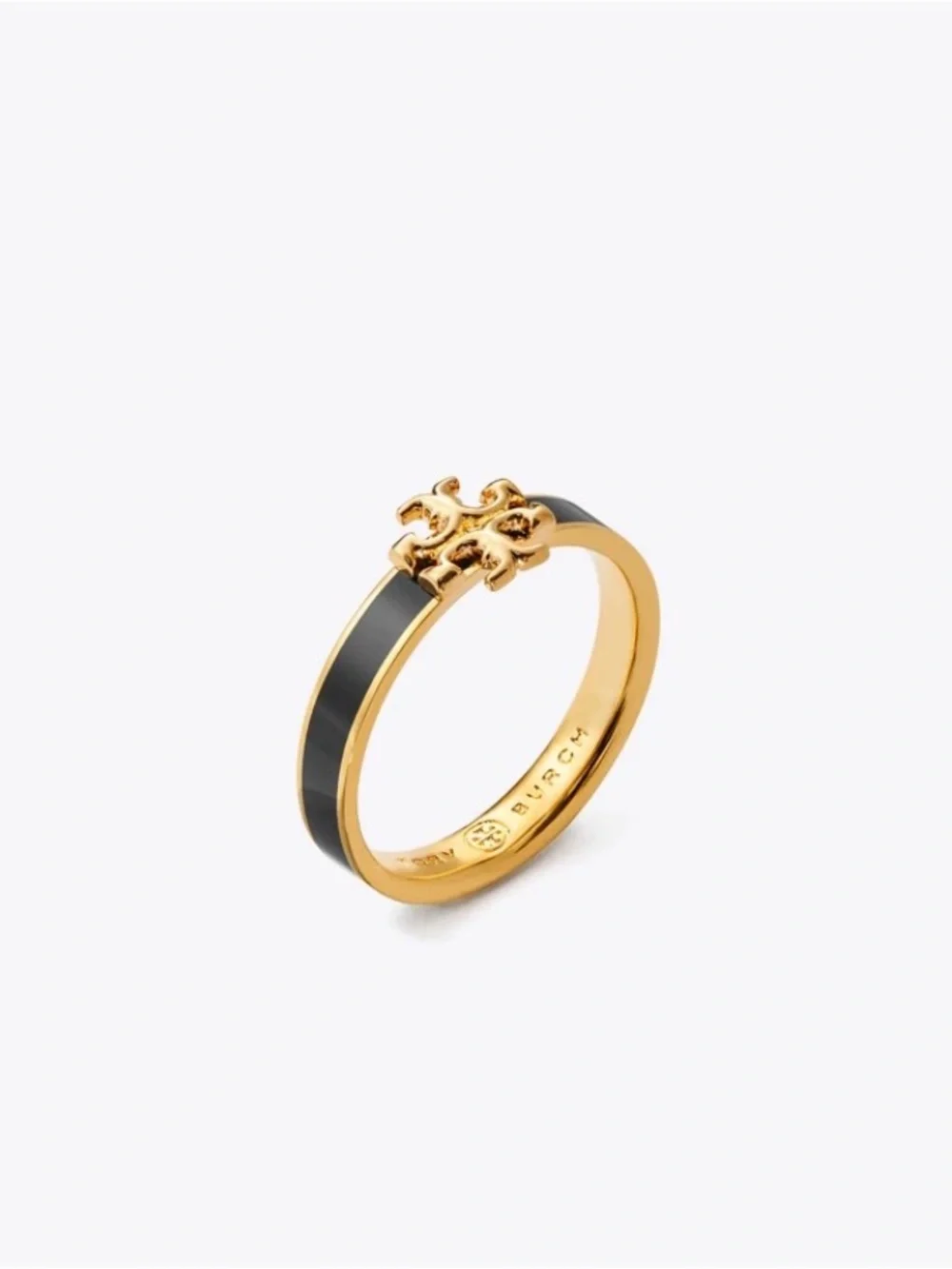 Tory Burch Black Enamel Kira T  Ring - Gold Tone